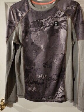 Gray Patterned Long Sleeve Crew with Subtle Logo